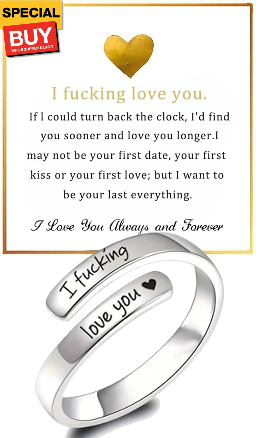 I Fcking Love You Ring for Women, Open Adjustable Stainless Steel Engraved He…