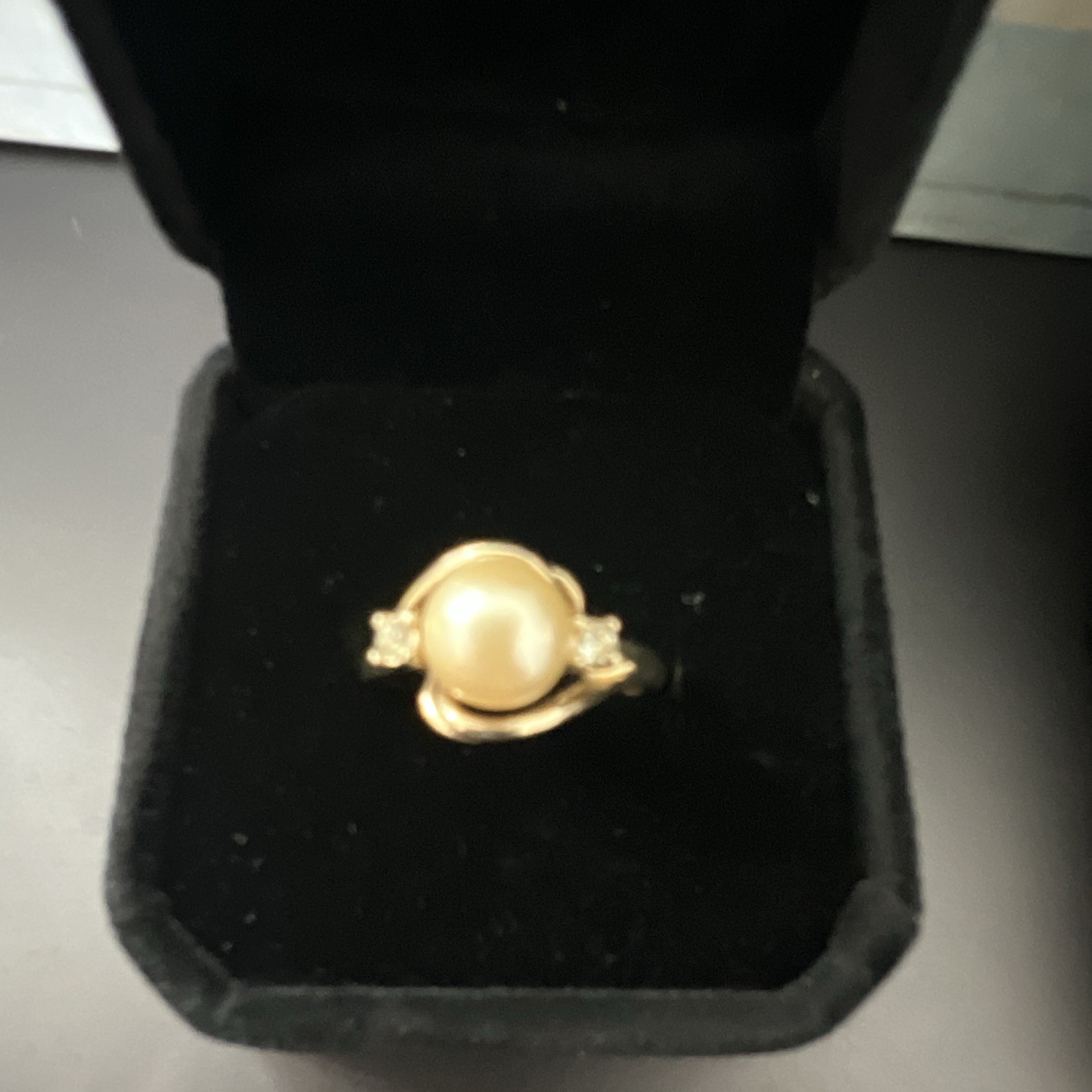 Yellow Gold Tone Pearl Cocktail Ring Size 7 Cream Round CZ Accents Prong Set