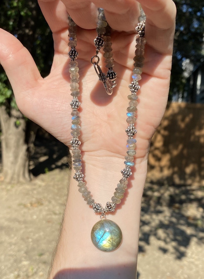 Handmade Labradorite Gemstone Necklace w/ 925 Silver Spacers & Hook Clasp 18”