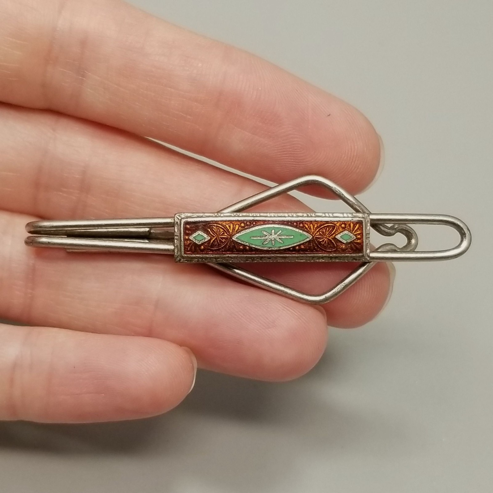 Vintage Orange Green Enamel Tie Bar Clip Silver Tone Retro Unsigned