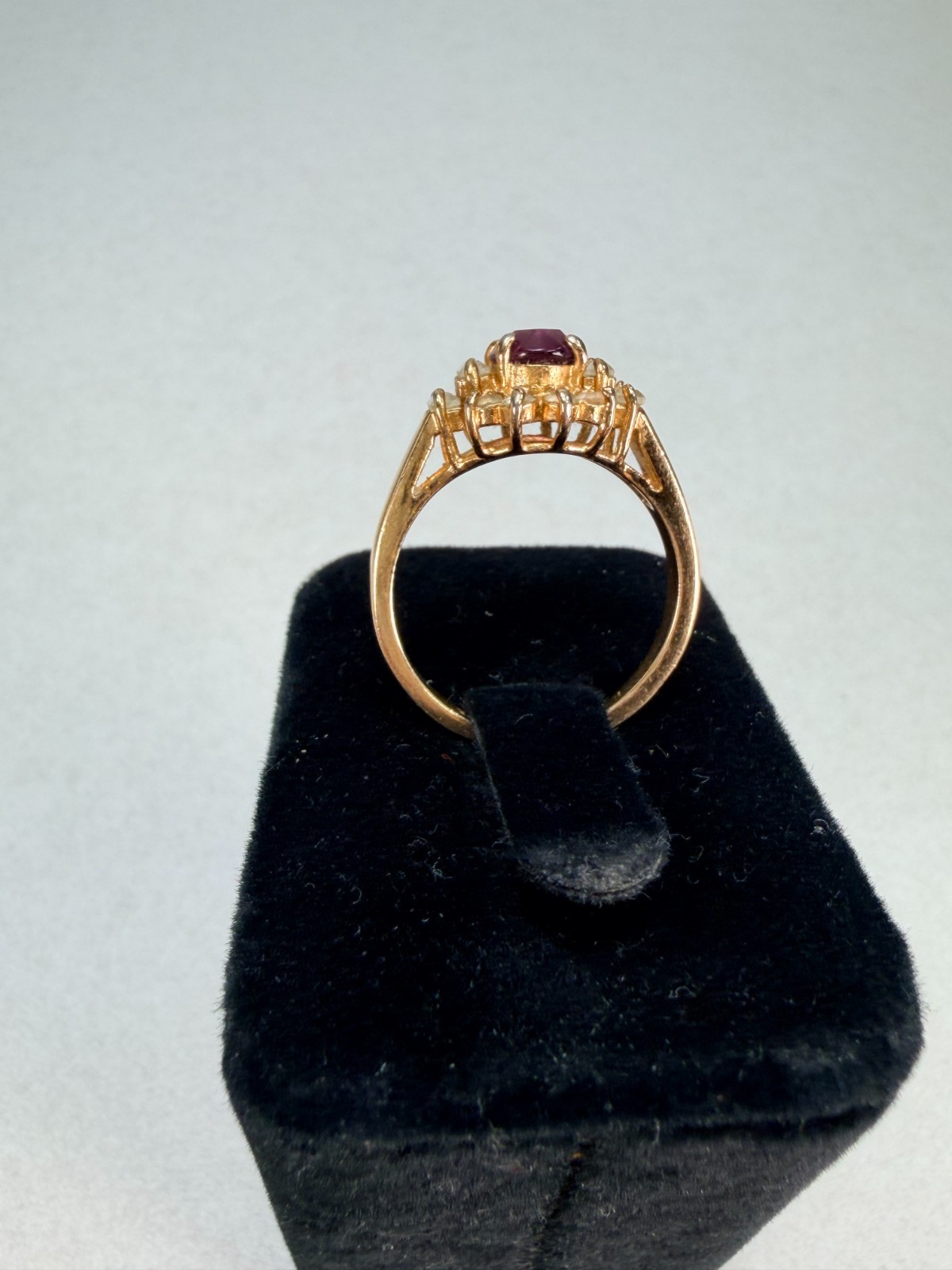 Vintage 14K GE Taiwan Ruby Red CZ Cocktail Ring Baguette Halo Estate Jewelry
