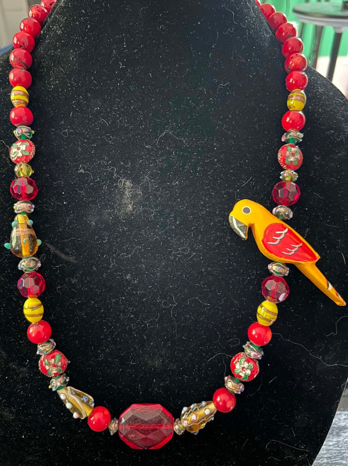 Handmade Beaded Parrot Necklace with Vintage Lampwork Beads, Red Cloissone