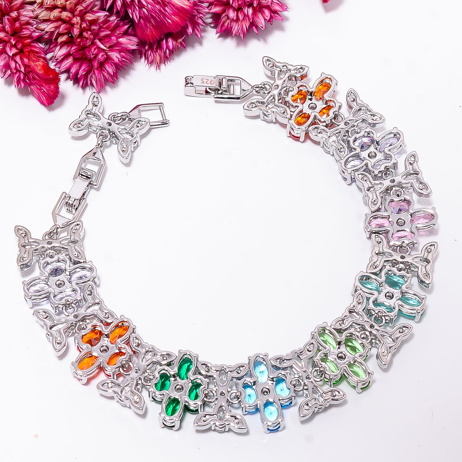 Multi Sapphire -Simulated, CZ 925 Sterling Silver Adjustable Bracelet 7-8″ B938
