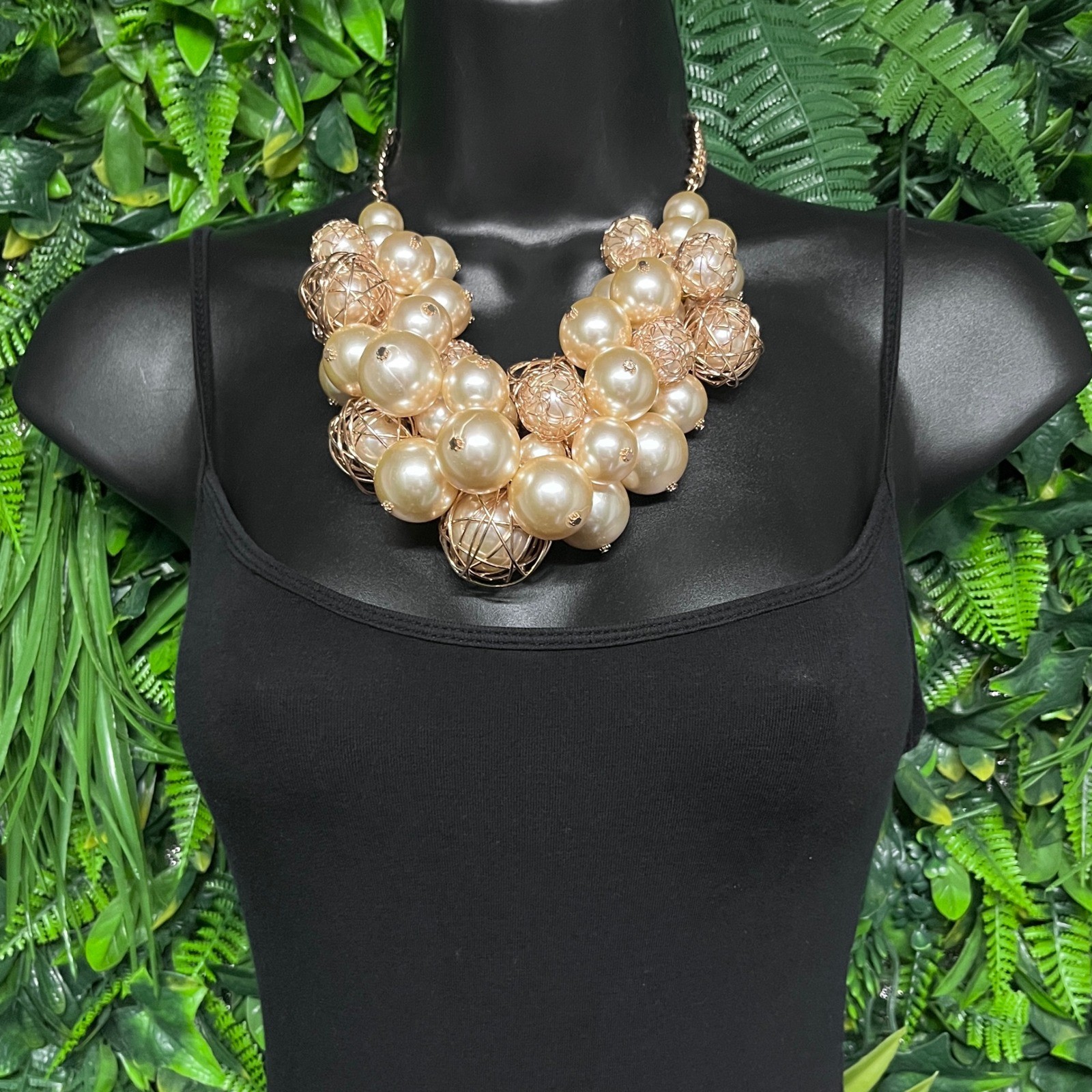Statement Bib Necklace Gold Tone Champagne Faux Pearl Cluster Wire Cage 3979
