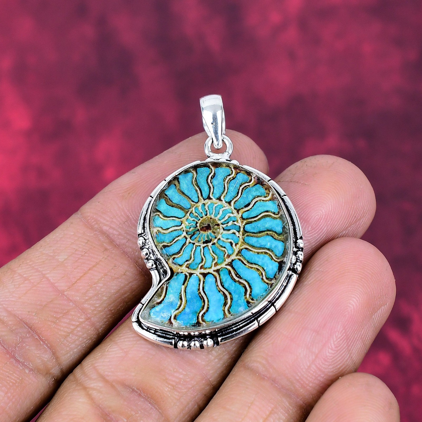 Ammonite Fossil Gemstone Handmade 925 Sterling Silver Bohemian Jewelry Pendant