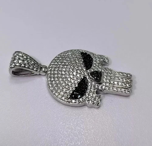 14K White Gold Plated Skull Pendant Necklace 2 Ct Round Simulated Black Diamond