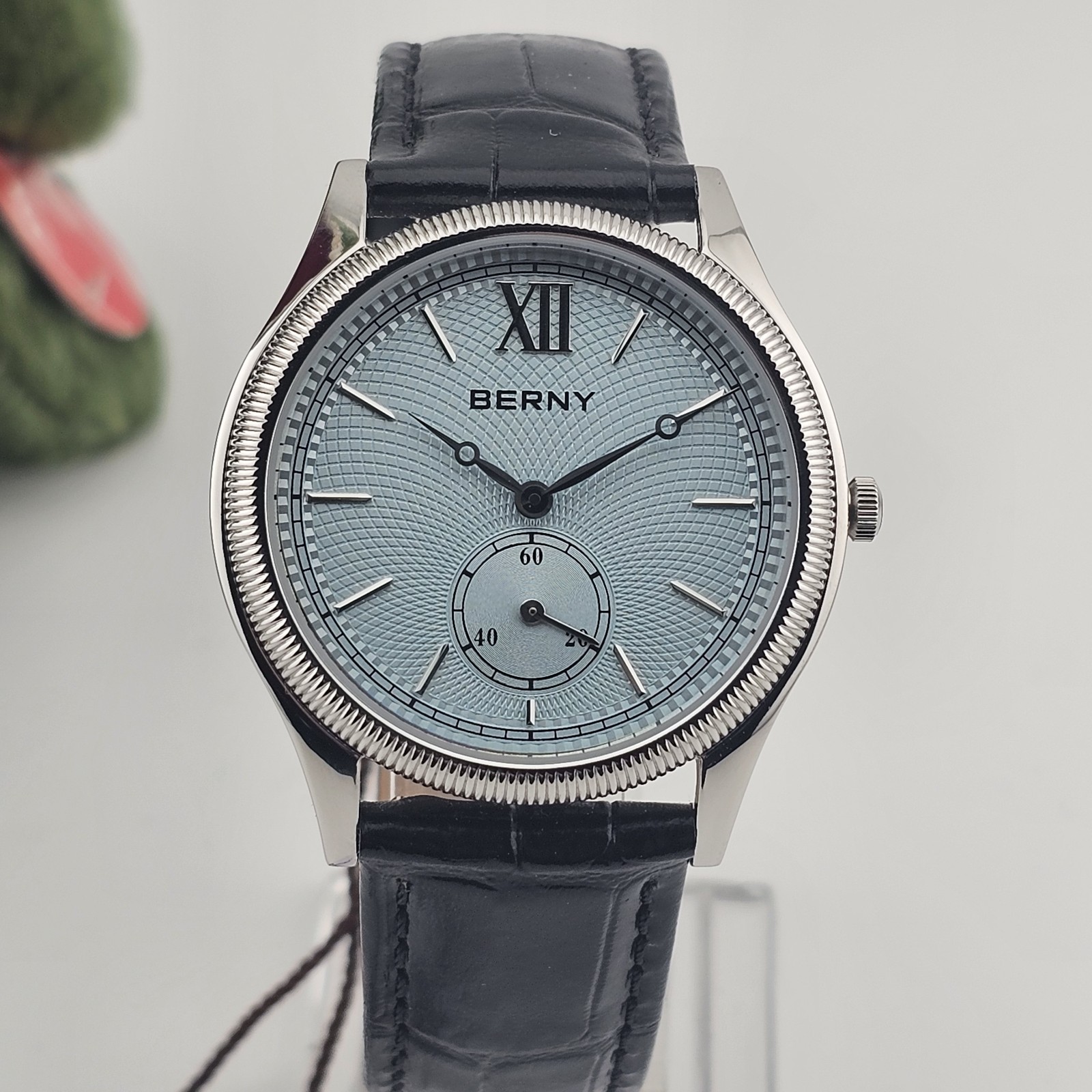 USA Seller-BERNY Ice Blue Guilloché Dial Dress Watch – Fluted Bezel, Quartz.