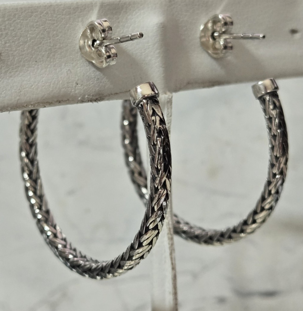 Bali Legacy Sterling Silver Tulang Naga Weave Hoop Earrings, 33mm 8.8 grams
