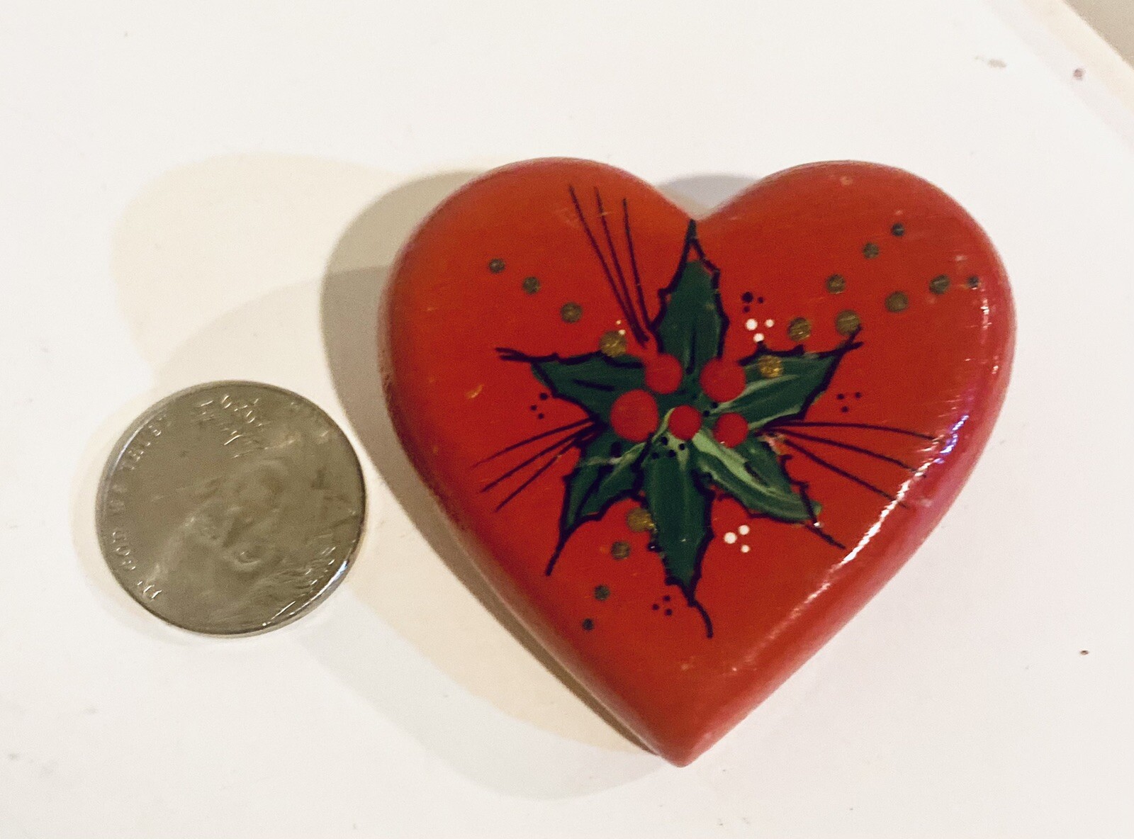 Poinsettia Pin brooch Hand Painted On wood Christmas Heart Shape