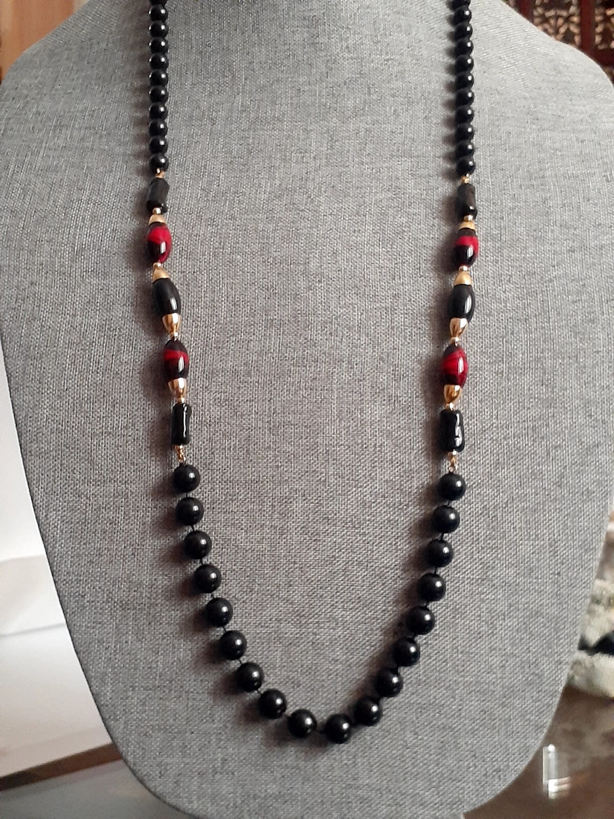 Vintage Lucite Black And Multi color Bead Single strand Necklace