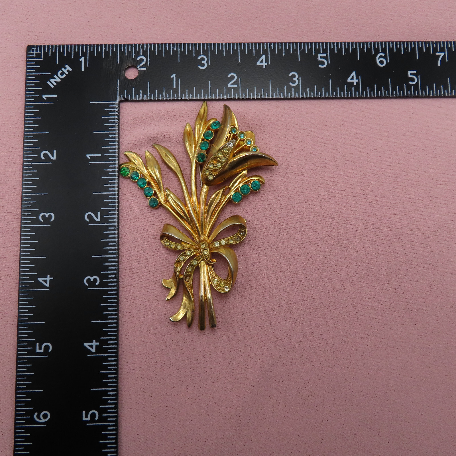 Antique Rhinestone Brooch Flower Clear Green Crystal 3.75 in OOAK Vintage 253f