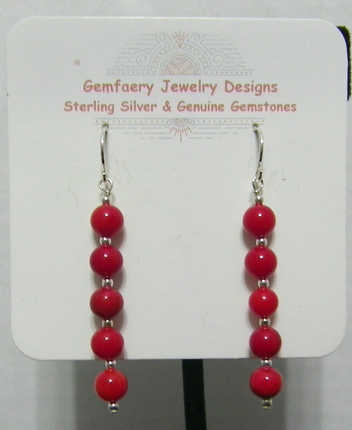 Sterling Silver Natural CORAL Gemstone Dangle Earrings #1942…Handmade USA