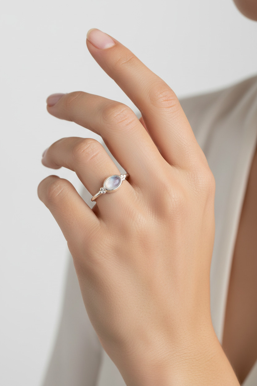 Dainty Oval Rainbow Moonstone Ring 925 Sterling Silver 6x4mm Sizes 4-9