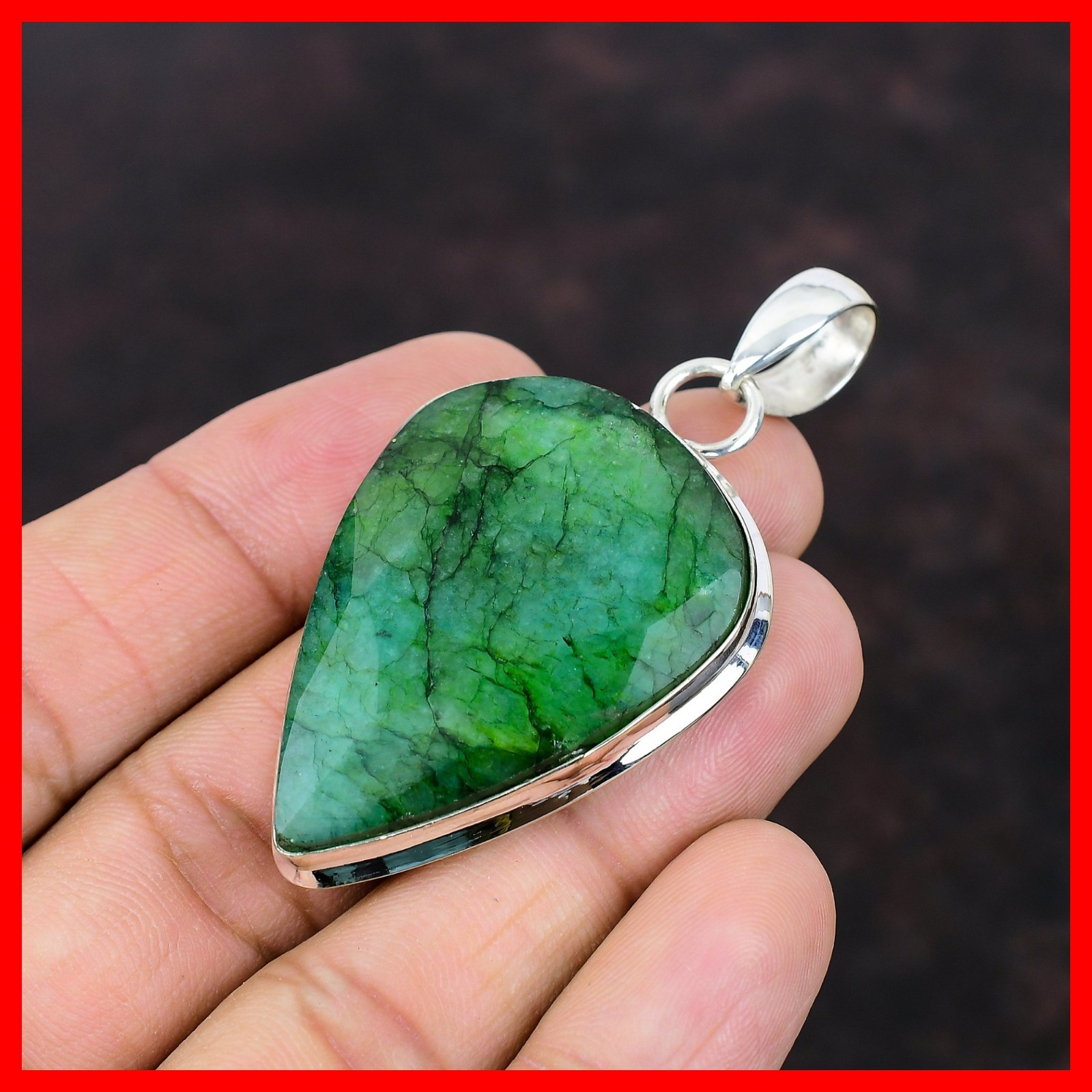 Sterling Silver Pear Zambian Emrald Stone Engagement Wedding Bezel Wife Pendant