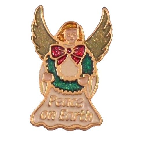 BEAUTIFUL CATHEDRAL ART PEACE ON EARTH EPOXY PIN ANGEL GLITTER WINGS NEW ON CARD