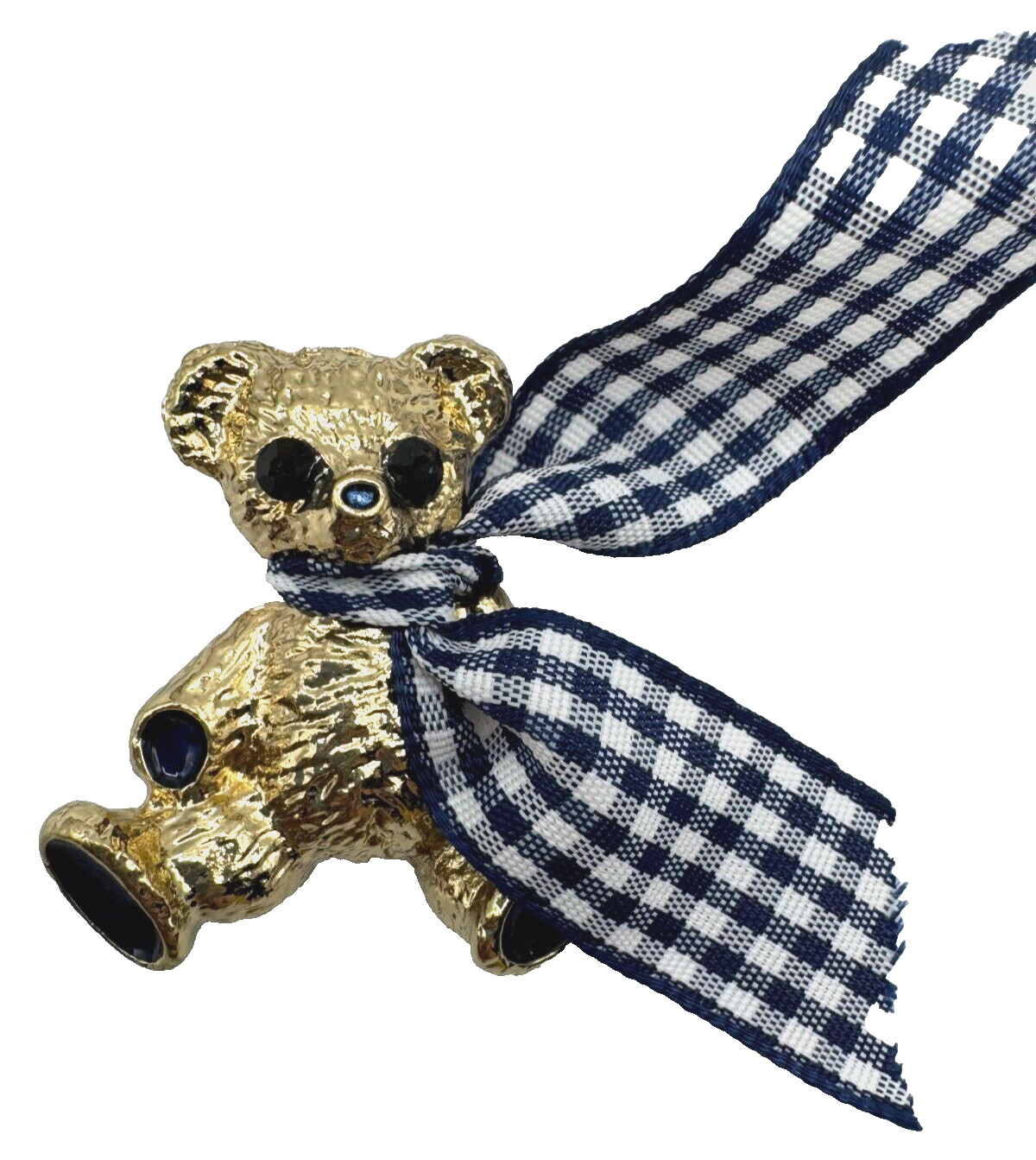 X2-2359 BROOCH GOLD TONE PIN 1.5″ ENAMEL ANIMAL TEDDY BEAR BLUE PLAID TIE