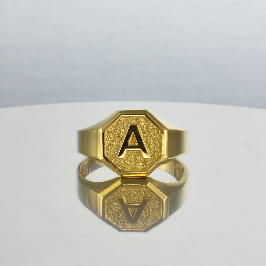 Men’s 10K Yellow Gold Letter Initial Octagon Signet Ring Personalized A–Z