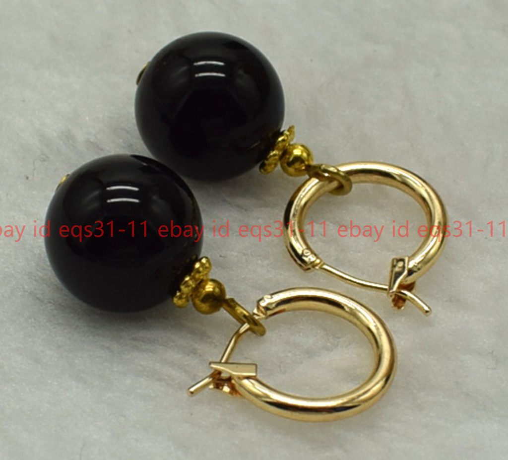 Classic Noblest 12mm Black Agate Round Gemstone Beads Leveback Earrings