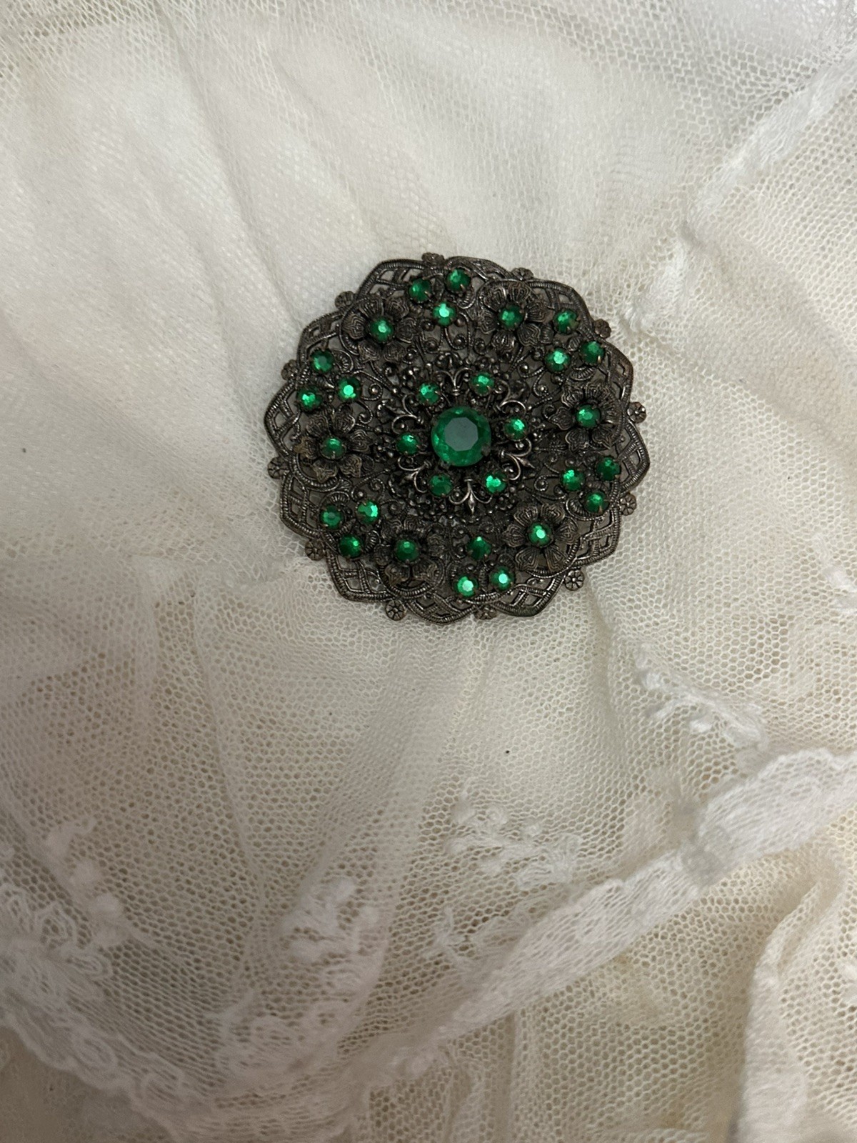 Antique 1910s Edwardian Czech Green Glass Brooch Pin Bohemian Czechoslovakia