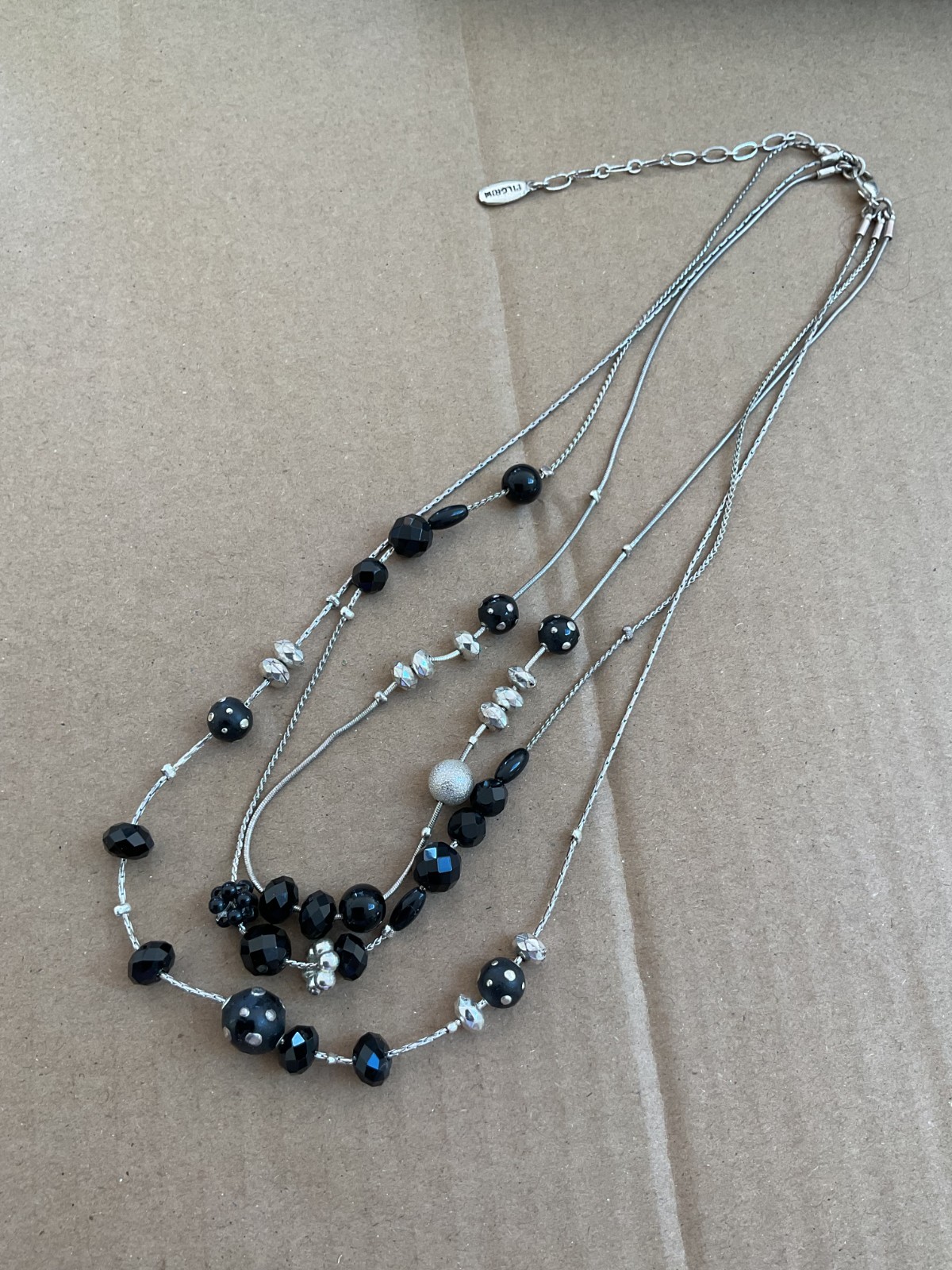 Silver Tone Black Dotted Beads PILGRIM Triple Necklace 36cm