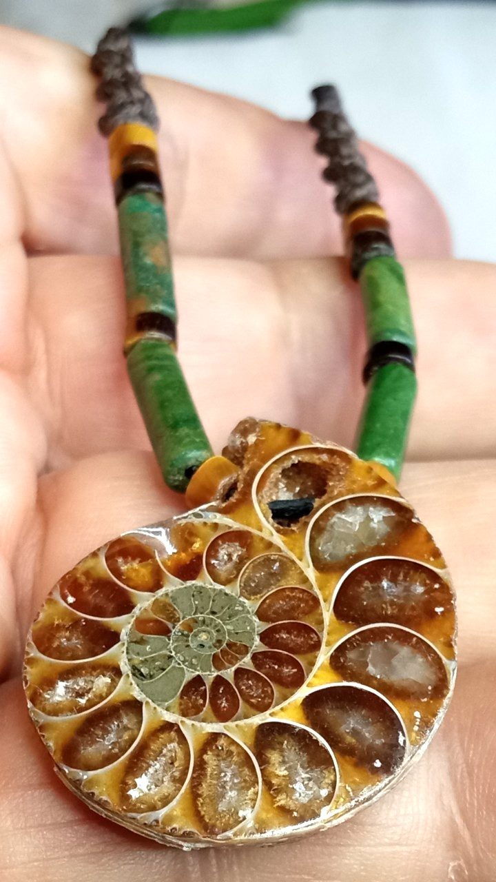 Fossil Ammonite With Nephrite beads Adjustable and Hand Braided Necklace