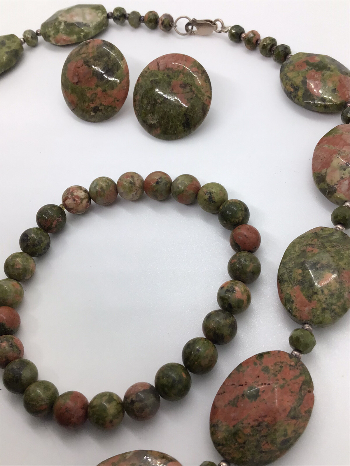 Unakite Faceted Necklace Bracelet Pierced Earrings Lot Set 19” 108g Pink Green