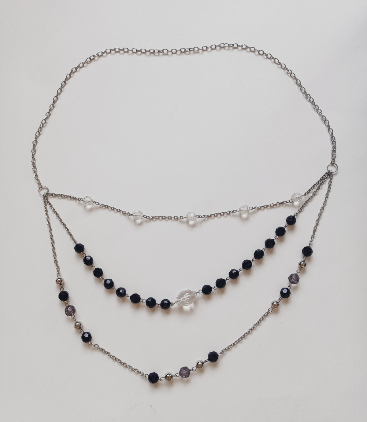 Black & Clear Faceted Station Bead Triple Layer Necklace