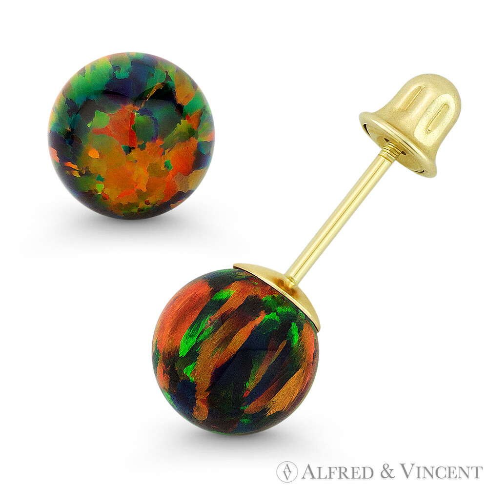 Fiery Black Synthetic Opal Round Ball Screwback Stud Earrings in 14k Yellow Gold