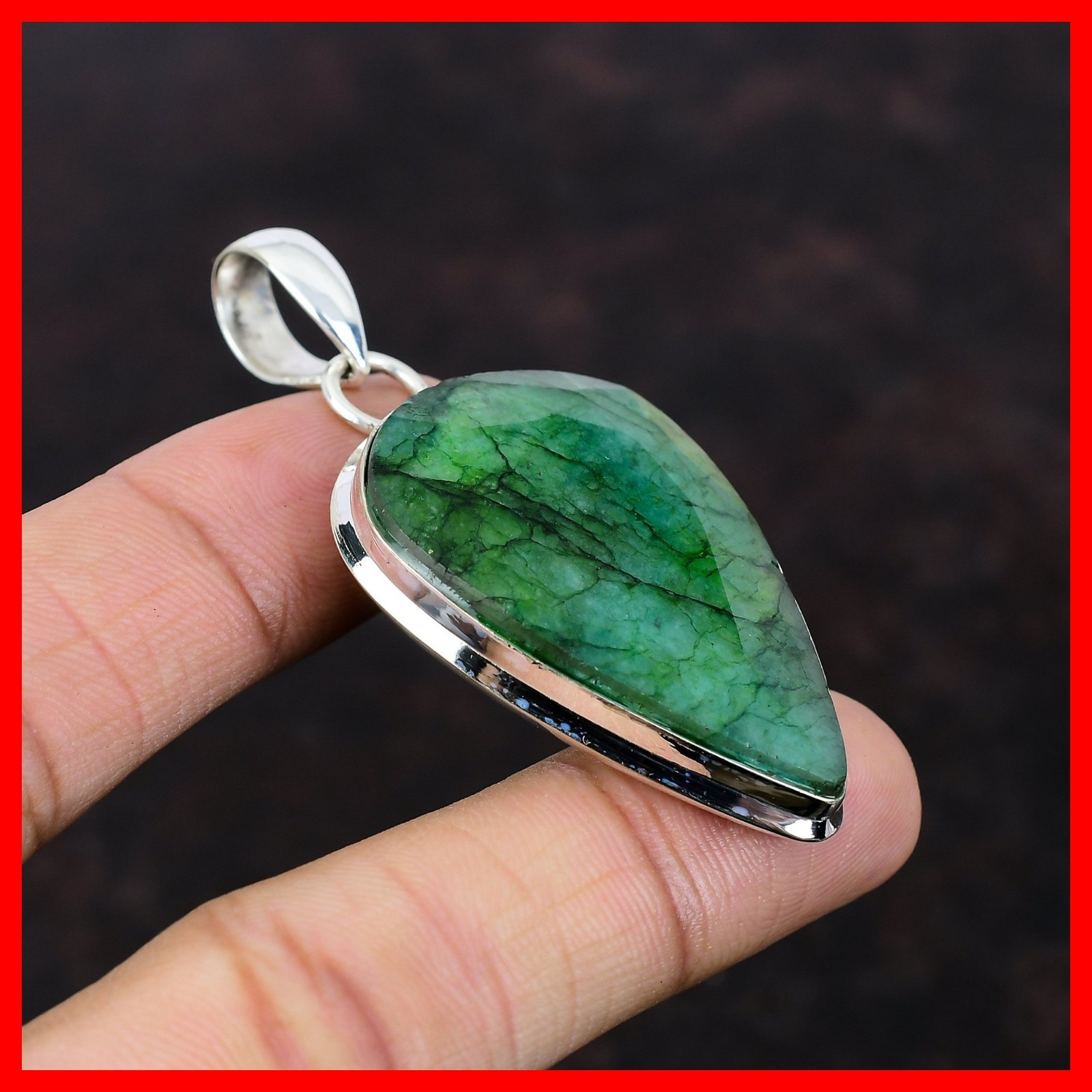 Sterling Silver Pear Zambian Emrald Stone Engagement Wedding Bezel Wife Pendant