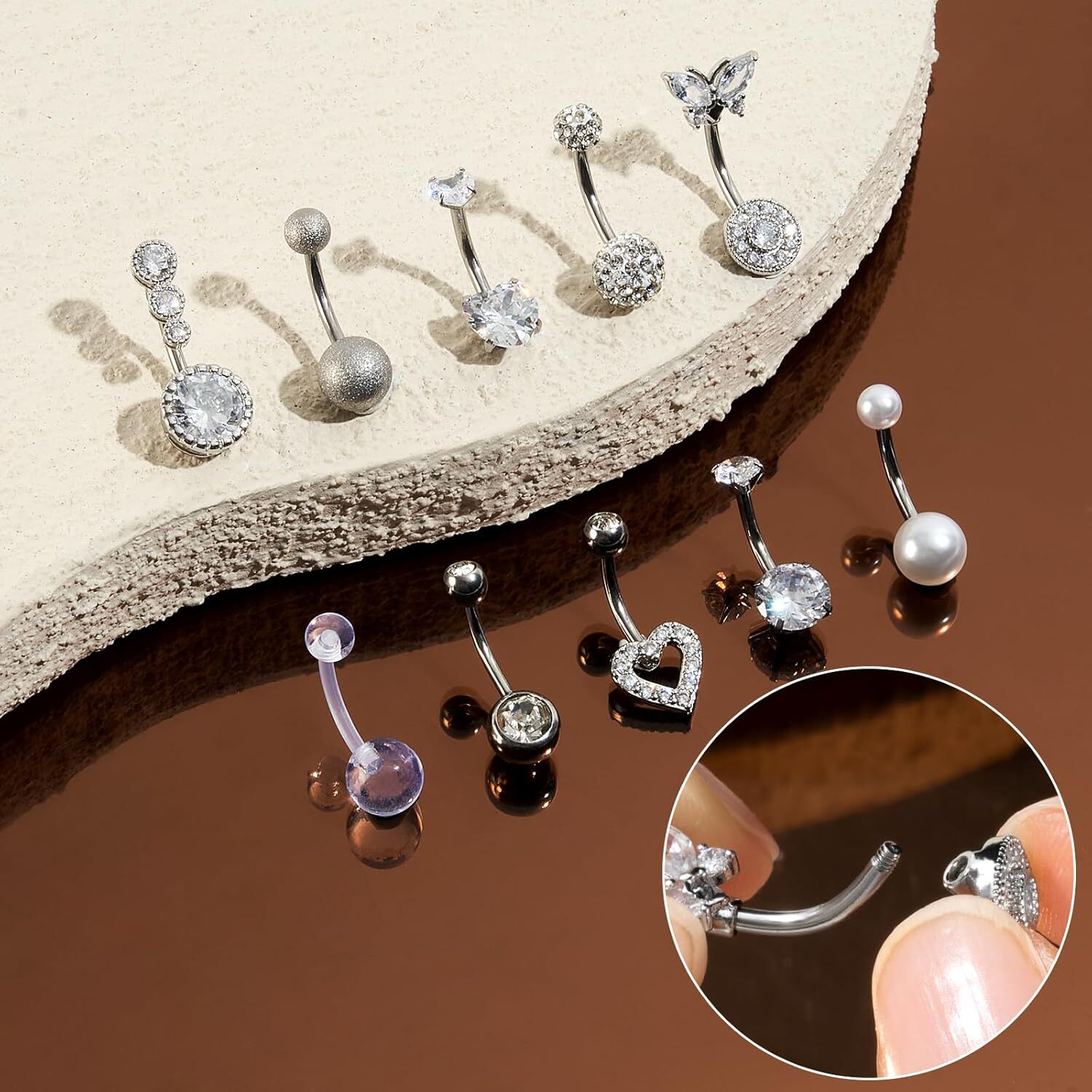 10Pc 14G Stainless Steel Dangle Belly Button Rings for Women CZ Navel Piercing