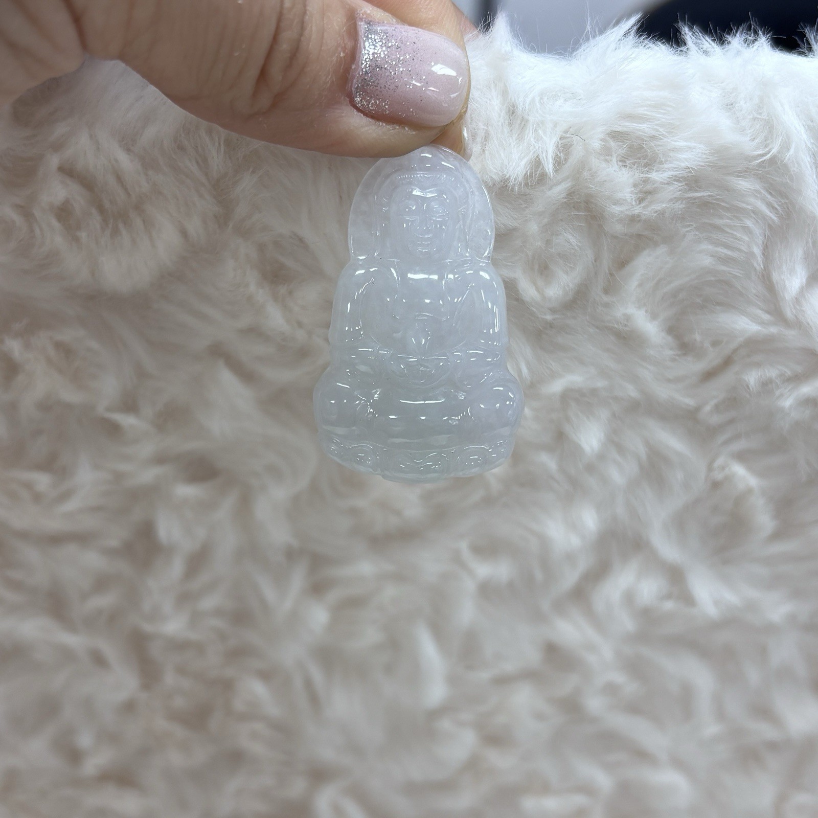 Natural Grade A Icy White Jadeite Guanyin Pendant，18k gold discount