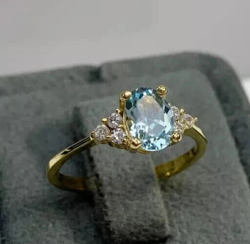 2Ct Oval Cut Simulated Aquamarine Women Engagement Ring 14K Yellow Gold Plated