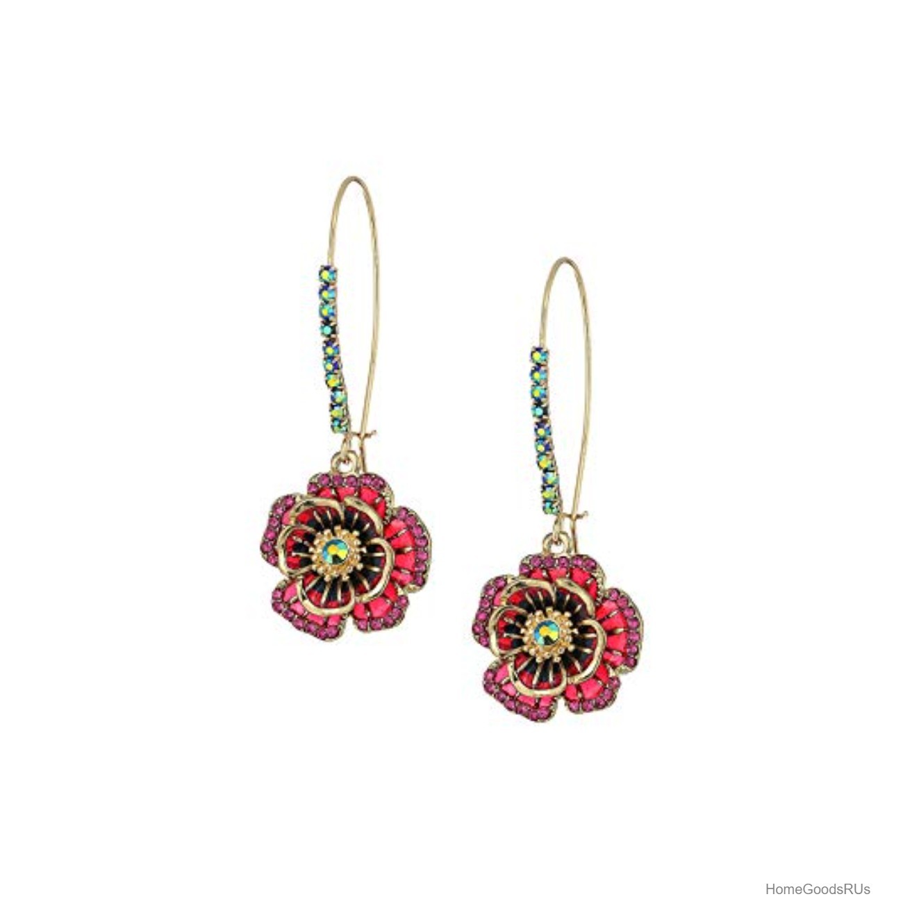 Rose Dangle Earring Pink Gold Tone Metal Glass Enamel Iridescent Lightweight
