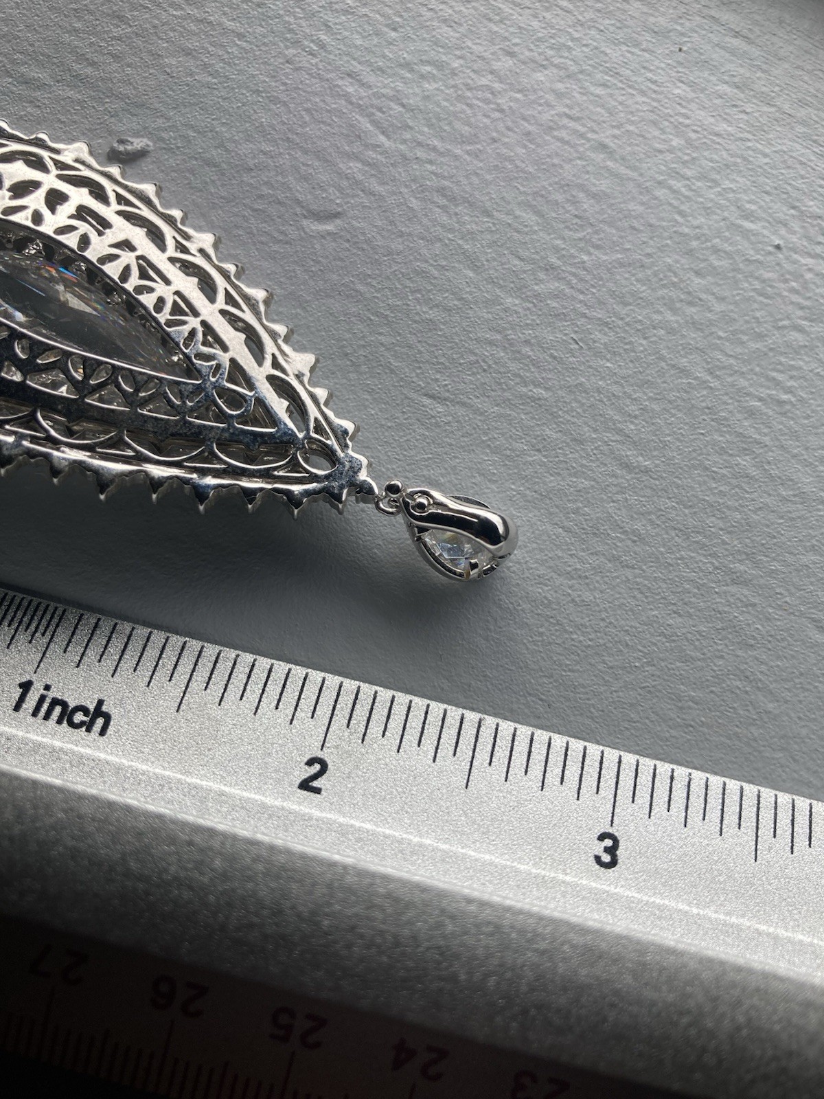 Big, Ornate Wedding Cocktail Party Teardrop Silver Pendant. Gem. Clip Bale.