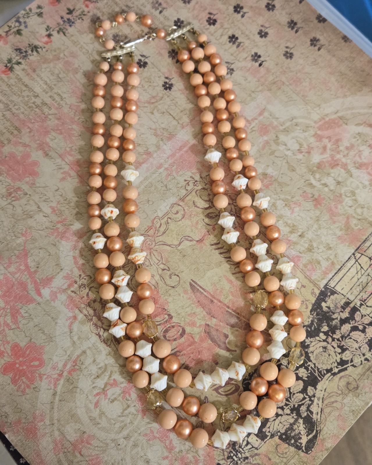 Vintage Japan Triple Strand Bead Necklace with Gold Tone Peach & Cream 19 In