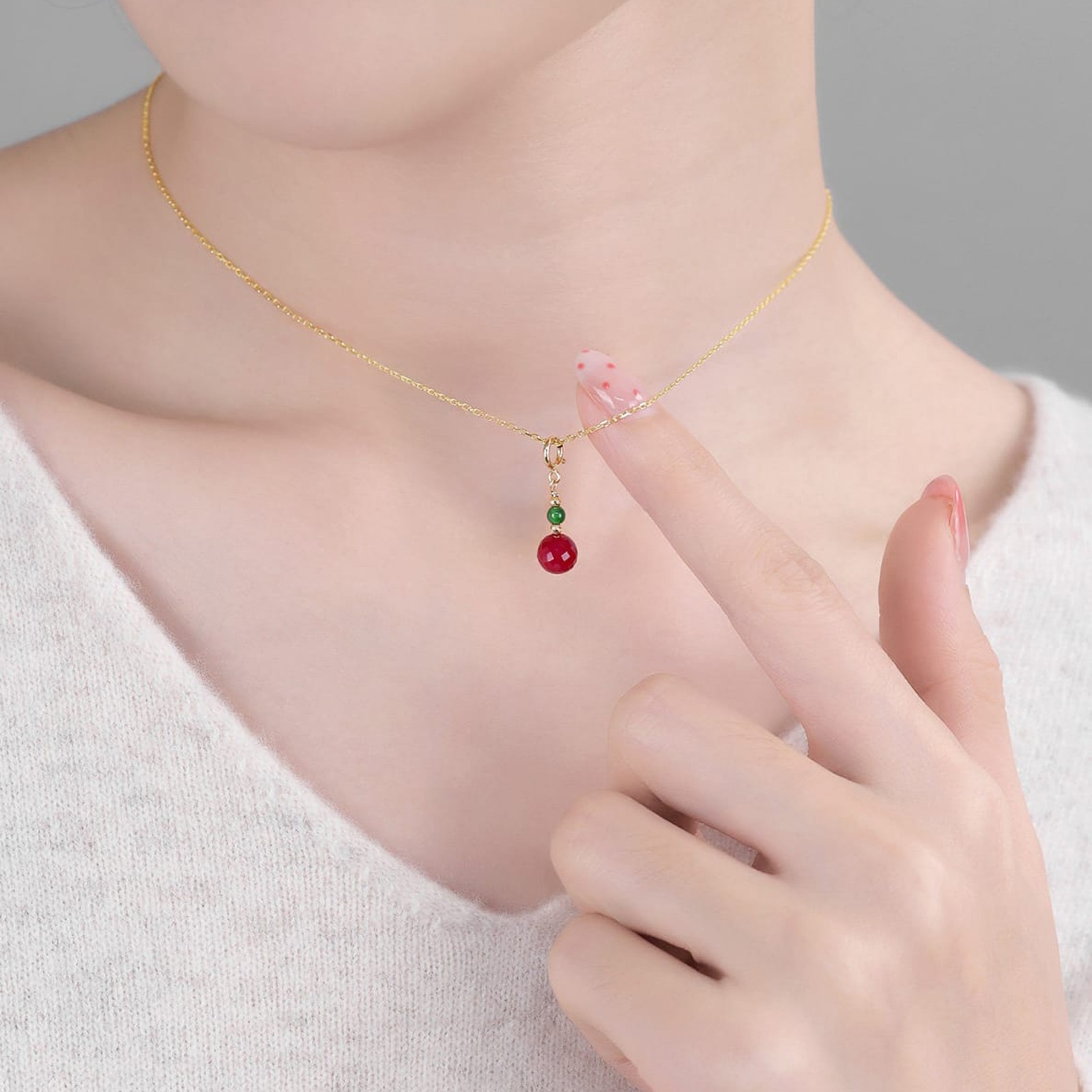 18K Gold Ruby Jadeite Pendant, Red & Green Charm Necklace, Fine Jewelry Gift