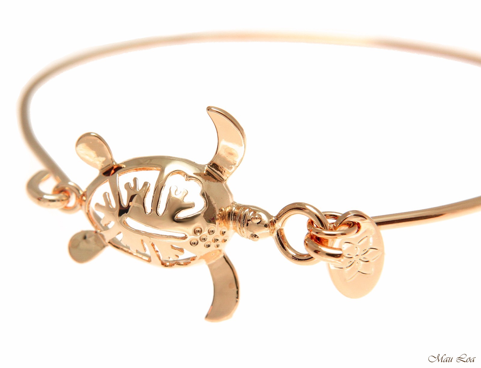 Pink Rose Gold Brass Hawaiian Hibiscus Flower Honu Turtle Open Bangle Bracelet