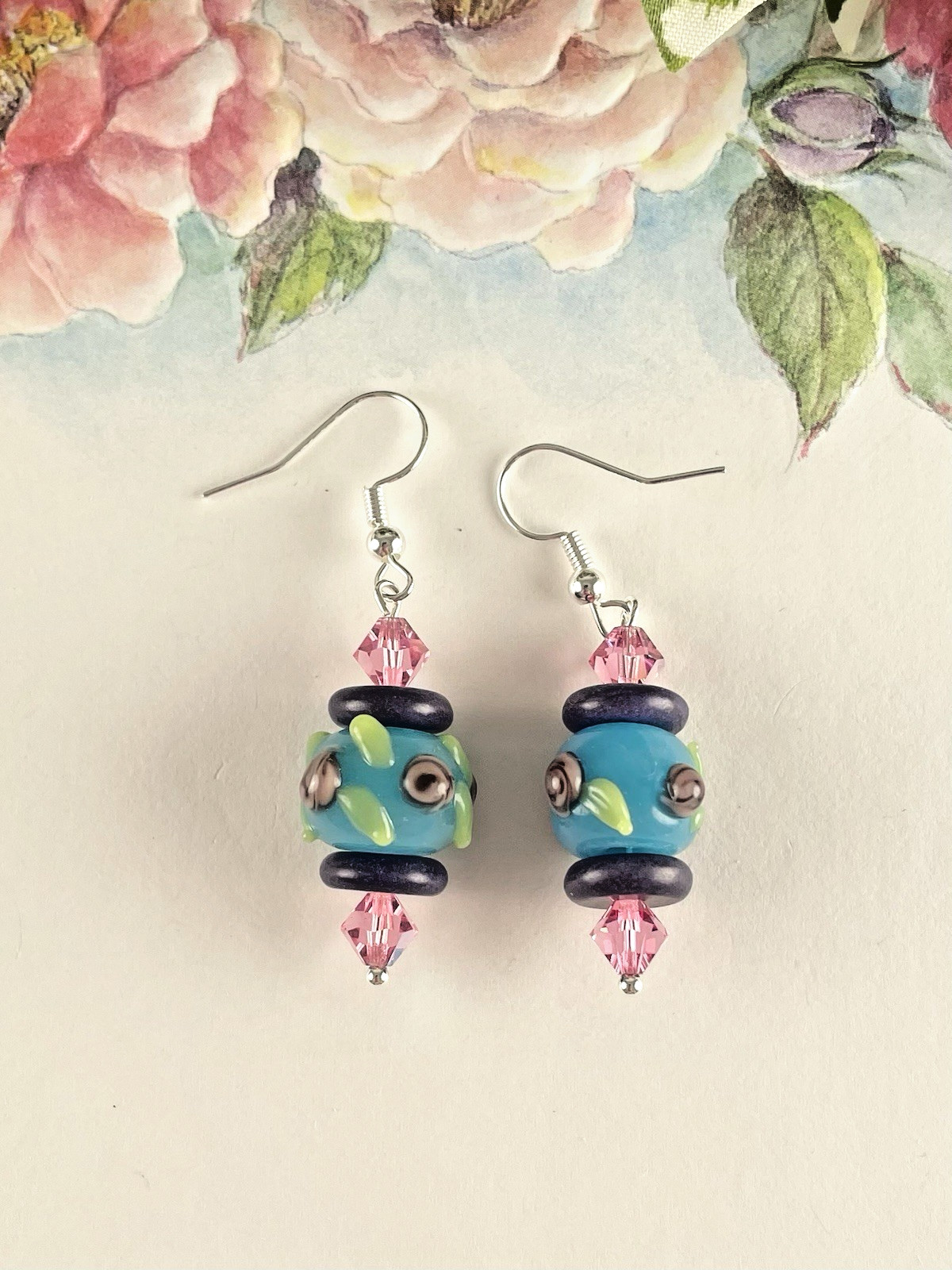 Navy Blue Aqua Floral Lampwork Bead Pink Crystal Silver Drop Earrings Artisan
