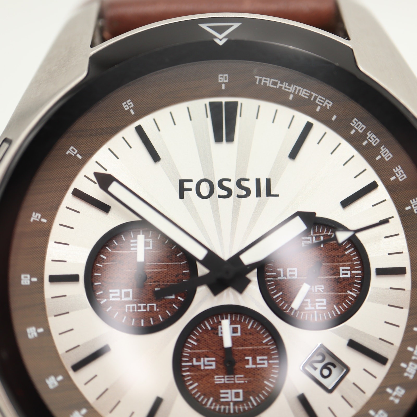 Fossil Coachman Mens Brown 45mm Watch Wood Grain Subs Leather Cuff w New Battery