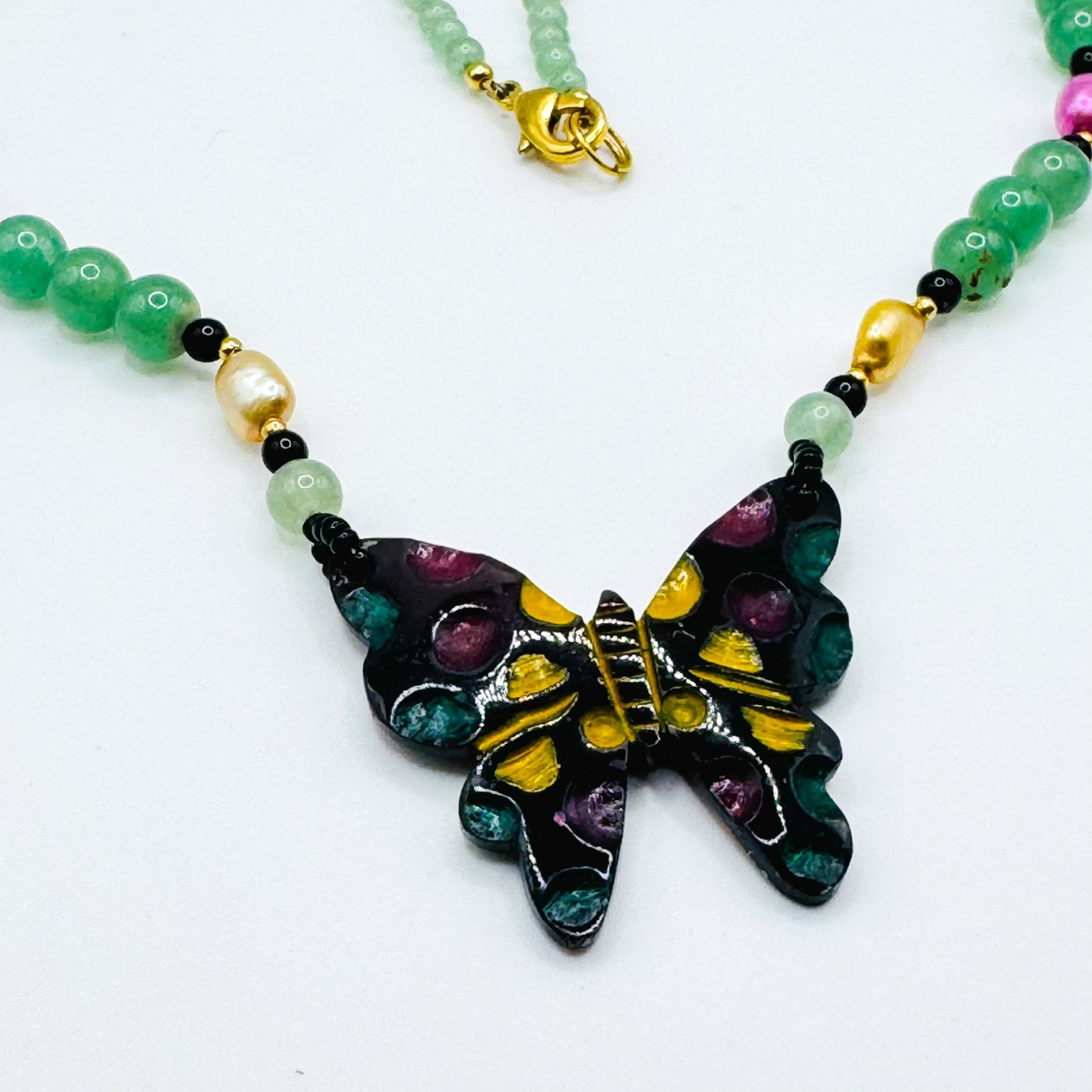 Multicolour Green Glass Butterfly Pendant Beaded Necklace 51cm Bead Artisan