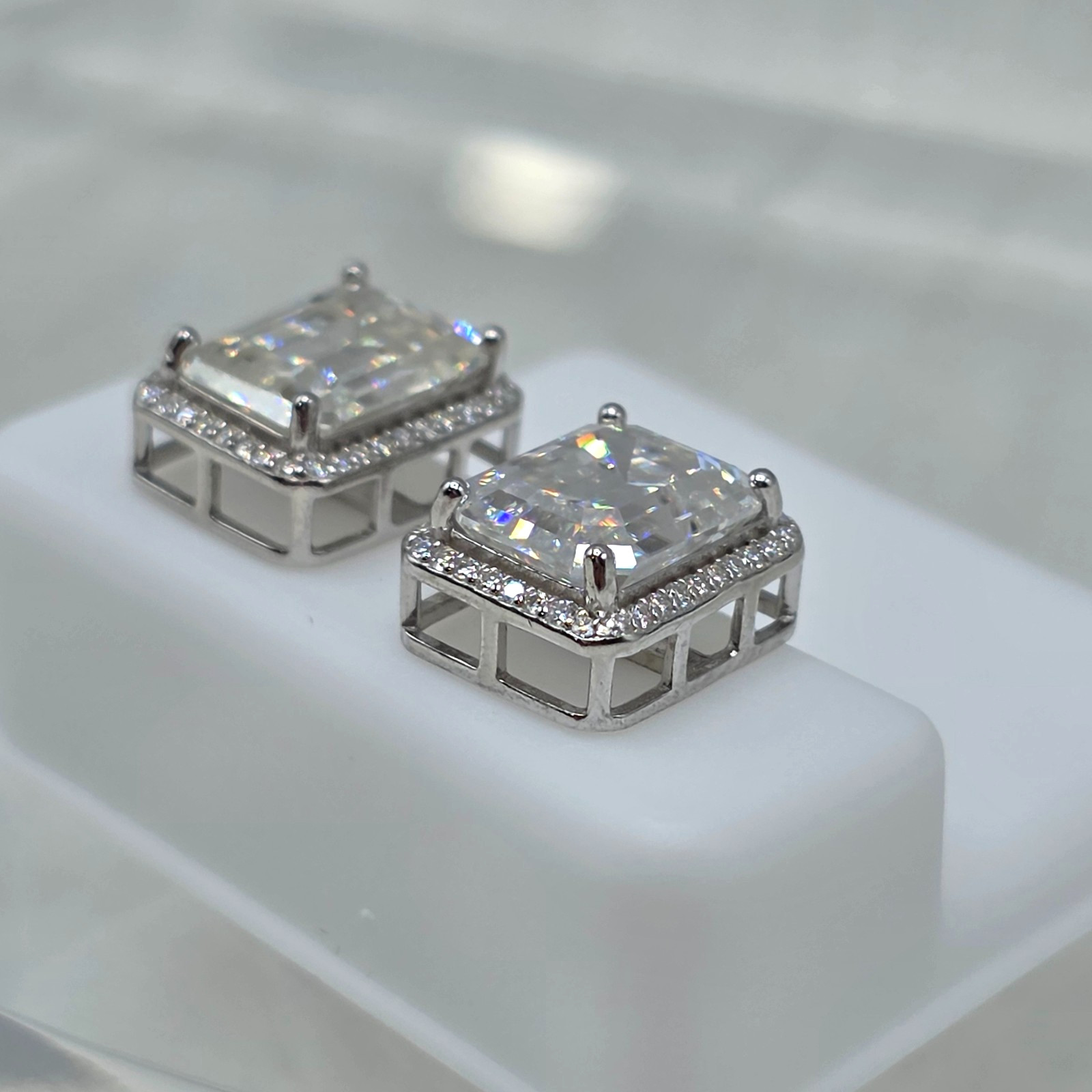12mm, 8ct, Moissanite 925 Silver Stud Earrings, Rectangle with Halo, Unisex