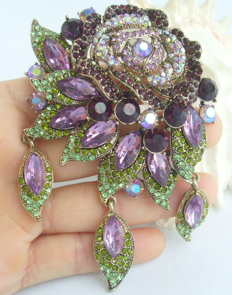 Charming 3.94″ Purple Austrian Crystal Flower Brooch Pin Pendant Deco EE06454C4