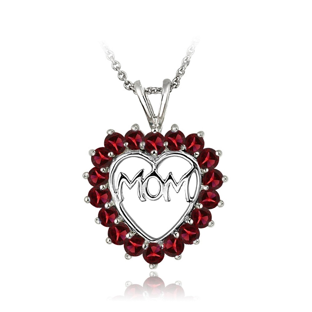 Sterling Silver Created Ruby MOM Open Heart Necklace