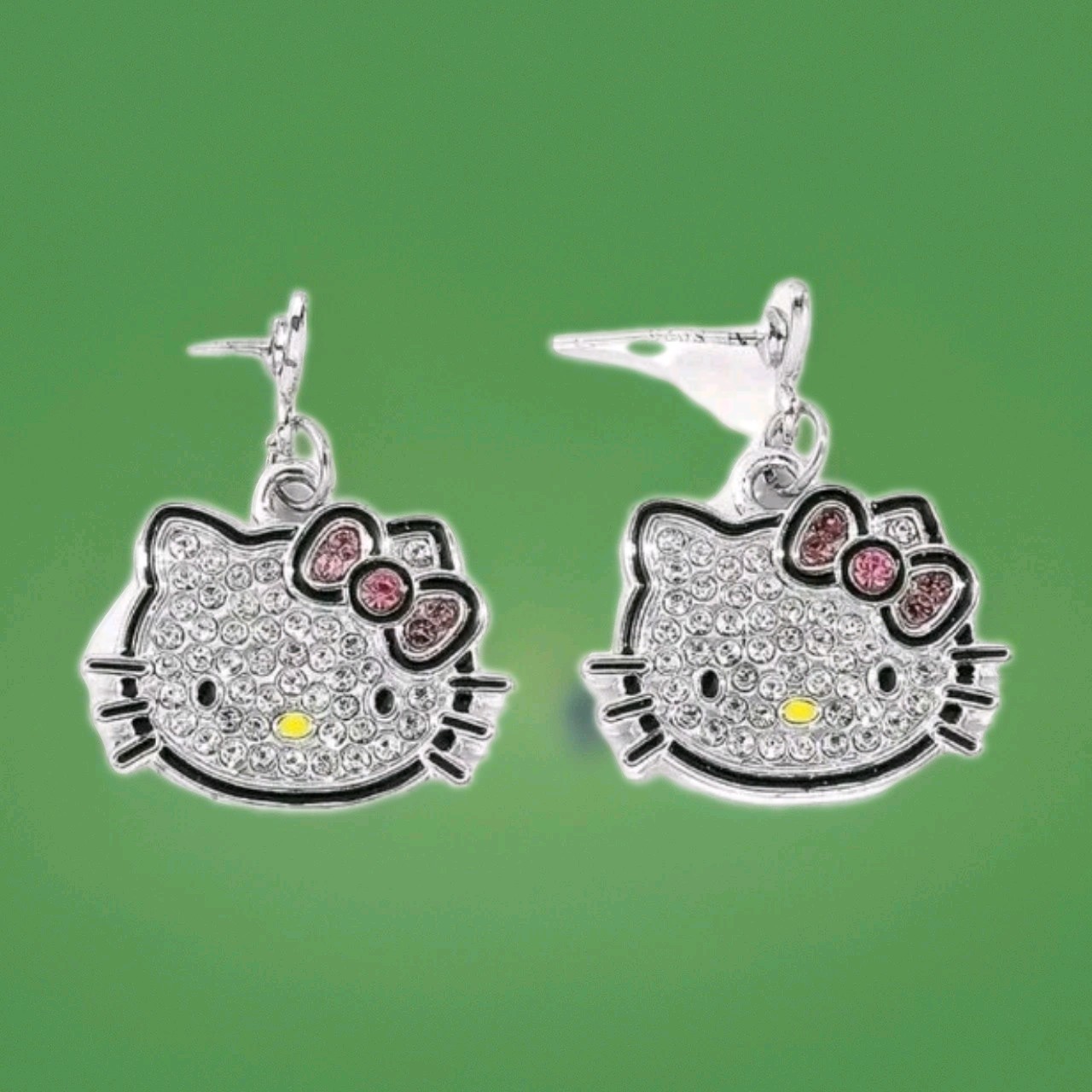 Rinestones Embellished Hello Kitty Stud Earrings, Silvertone, Dainty, Dangle
