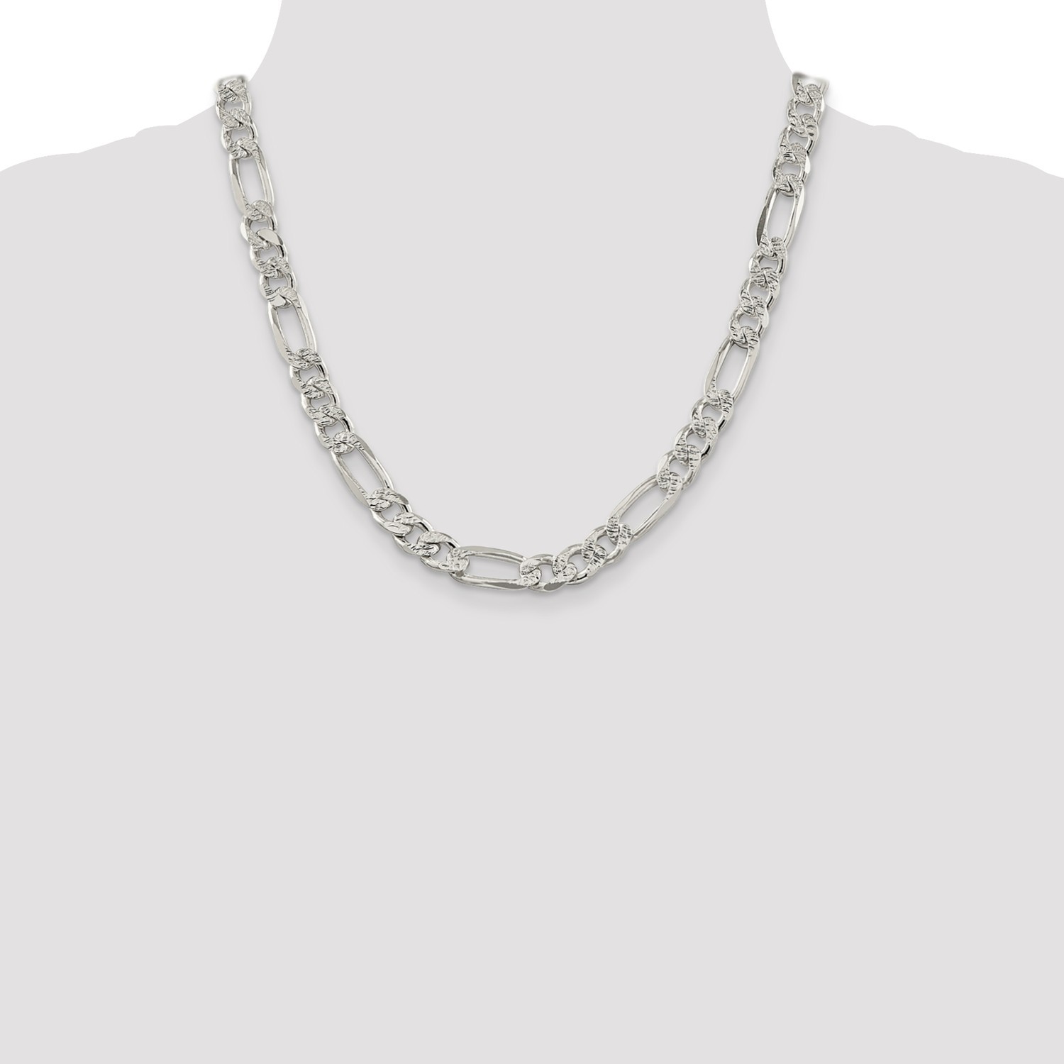 Sterling Silver 9.5mm Pave Flat Figaro Link Chain w/ Lobster Clasp 20″ – 26″