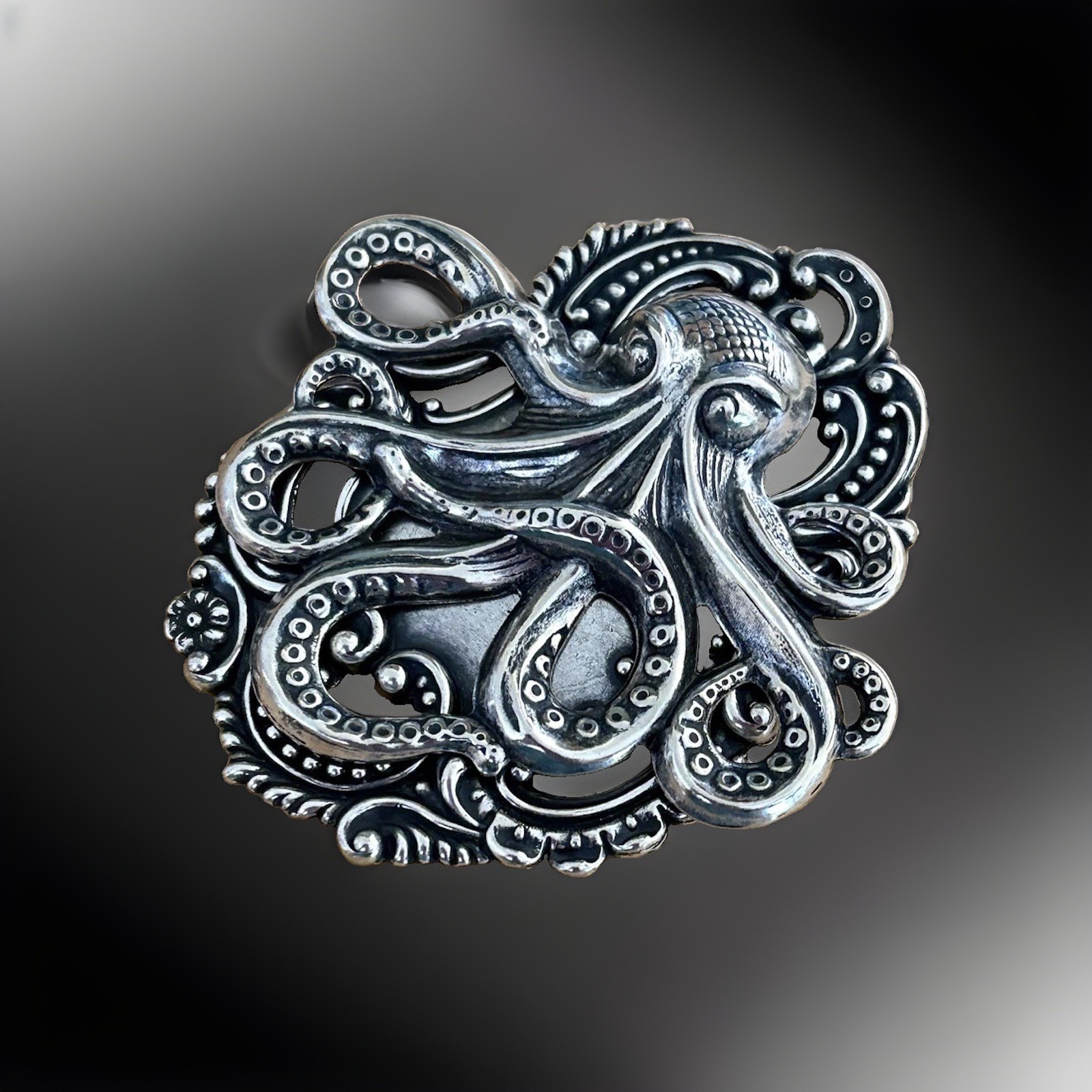 X-Lrg Octopus Kraken Brooch Pin Sterling Silver pltd, Gothic Pirate Coat Hat Pin