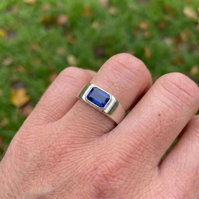 6 Ct Stone Natural Certified Blue Sapphire Ring 925 Sterling Silver Emerald Cut