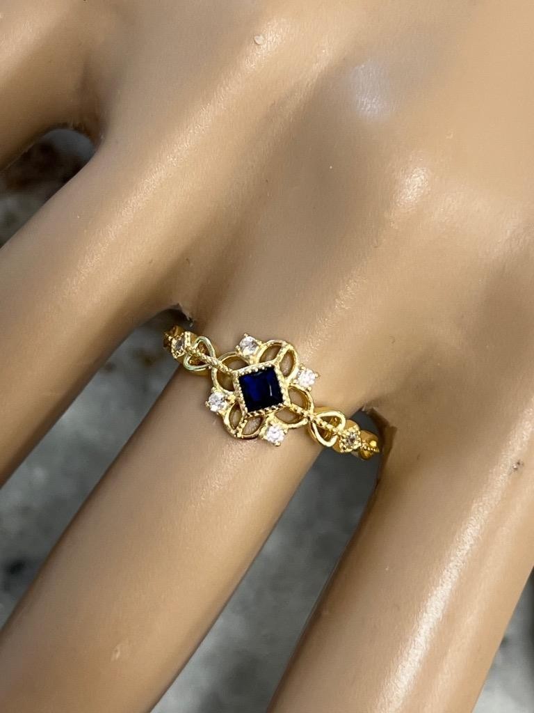 Real Blue Sapphire & Diamond 14K Y Gold on SOLID 925 Ring SZ 8 1/4 Victorian Rev