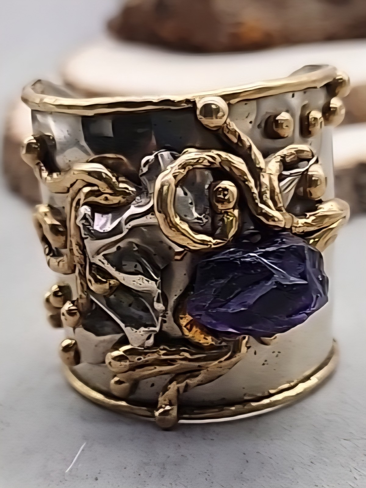 Copa Collection Brutalist Chunky Mixed Metal Raw Amethyst Sz6 3″ Wide Cuff 93g