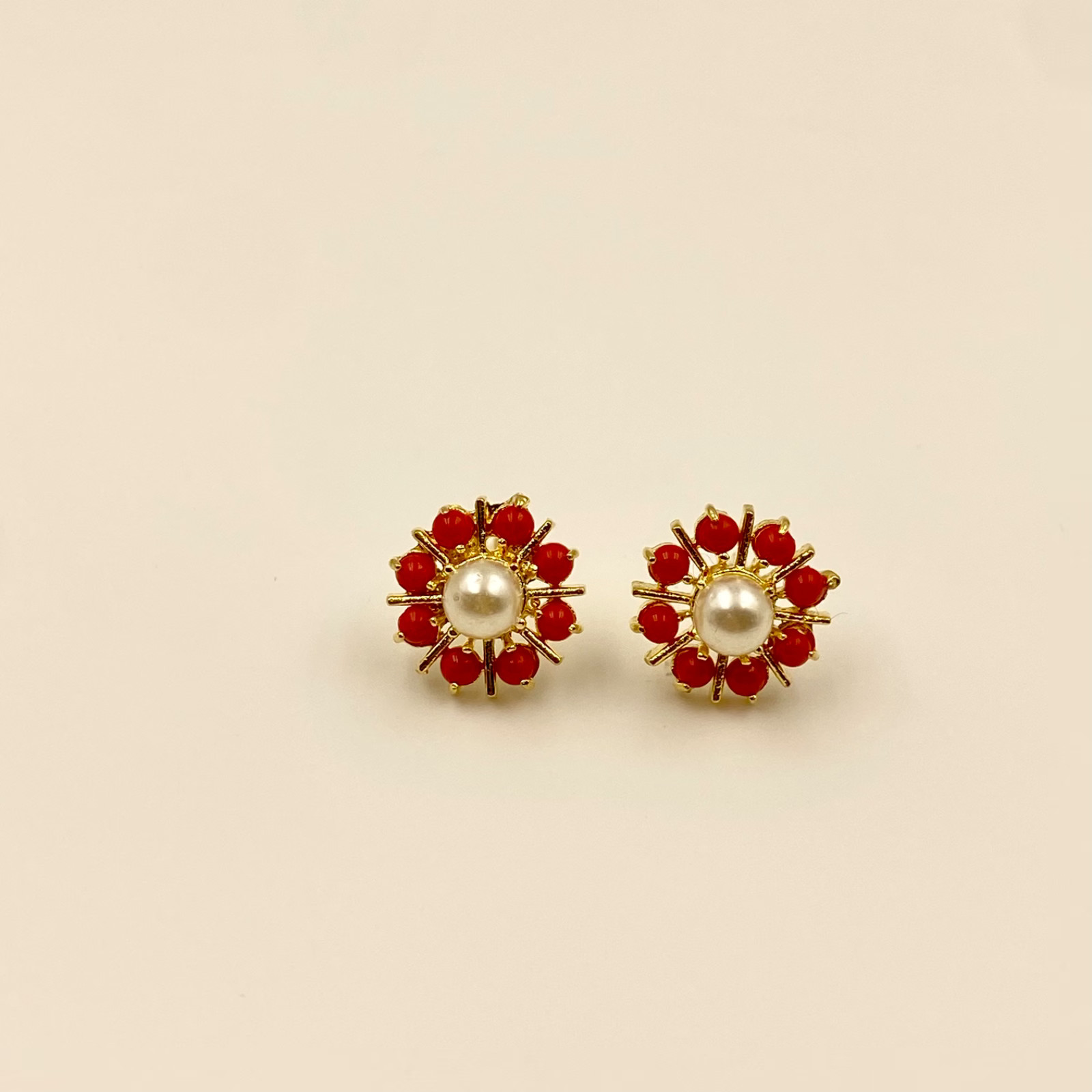 Handmade Turquoise, Coral & Pearl Gem Stud Earrings Set | Gold Plated Jewelry
